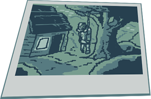 Evidence photo: a figure hanging from a tree beside a house