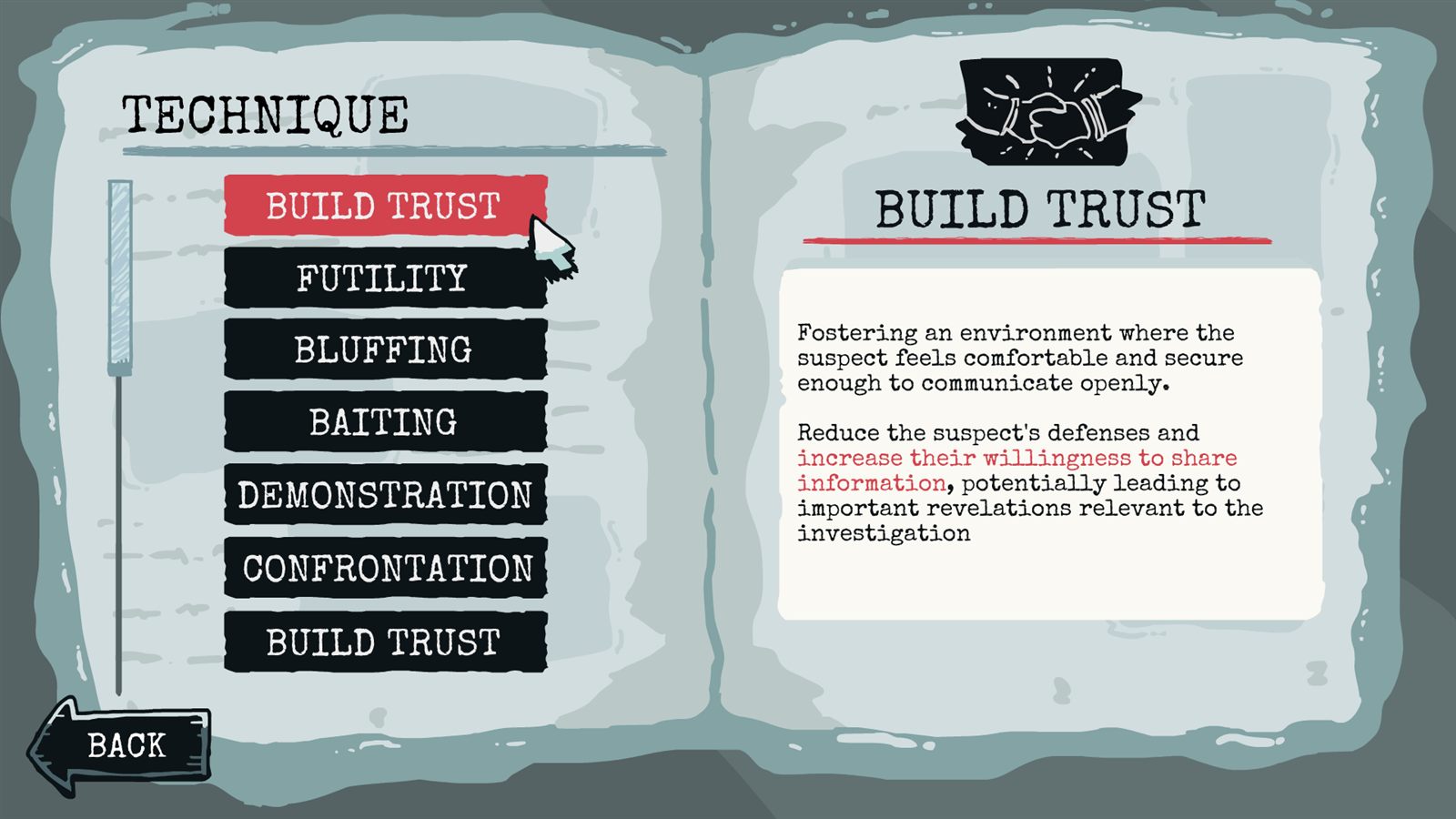 Technique menu listing Build Trust, Futility, Bluffing, Baiting, Demonstration and Confrontation, with Build Trust explained