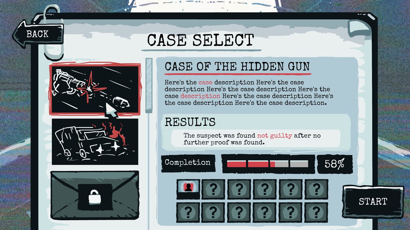 Case select screen showing 'Case of the Hidden Gun' with results, completion bar at 58% and locked case slots