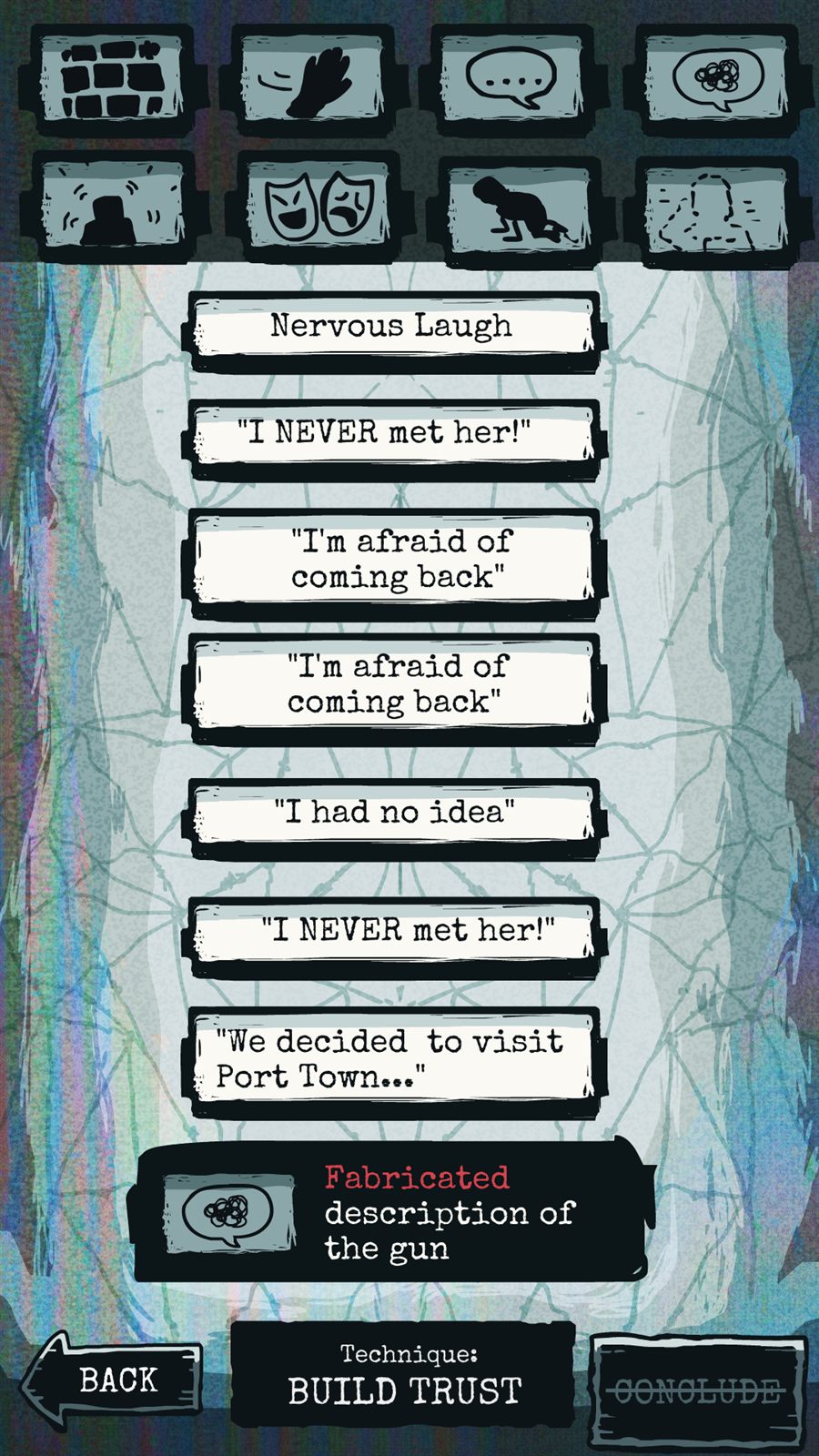 Portrait mobile layout of the evidence board with behaviour icons and a Build Trust technique button